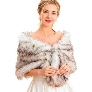 Women's White+brown Wedding Fur Wraps and Bridal Stoles Bridesmaids Scarf